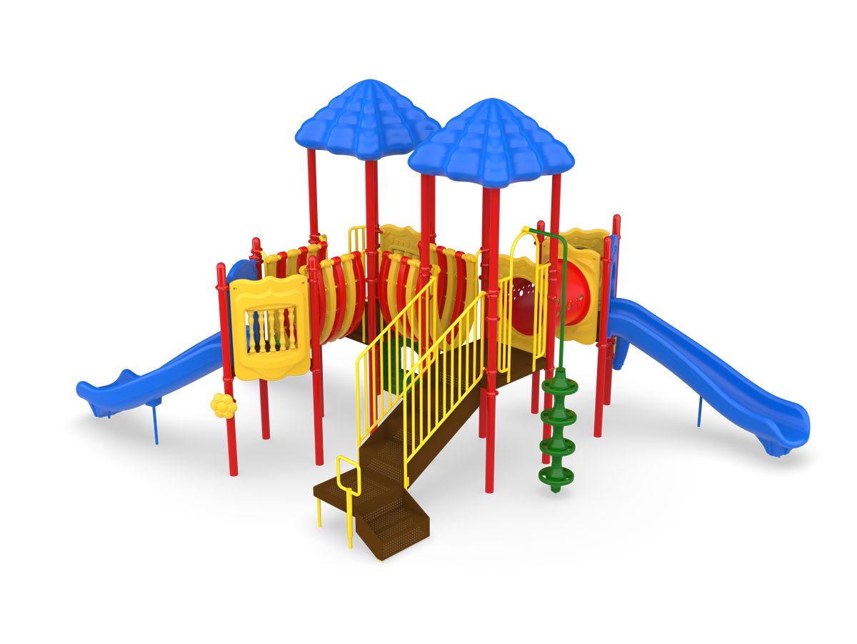 UltraPlay Pike's Peak commercial play structure - full view with slides, climbers, and music components