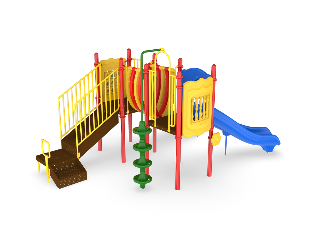 UltraPlay Sunnyside commercial play structure full view with Curved Slide, Vine Climber, and Ship's Wheel Panel