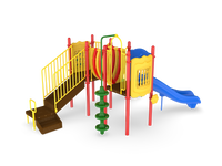 UltraPlay Sunnyside commercial play structure full view with Curved Slide, Vine Climber, and Ship's Wheel Panel