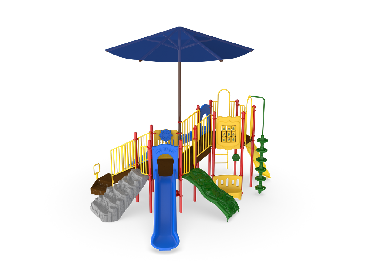 UltraPlay Hex Hop with Shade commercial playground structure full view