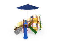 UltraPlay Hex Hop with Shade commercial playground structure full view