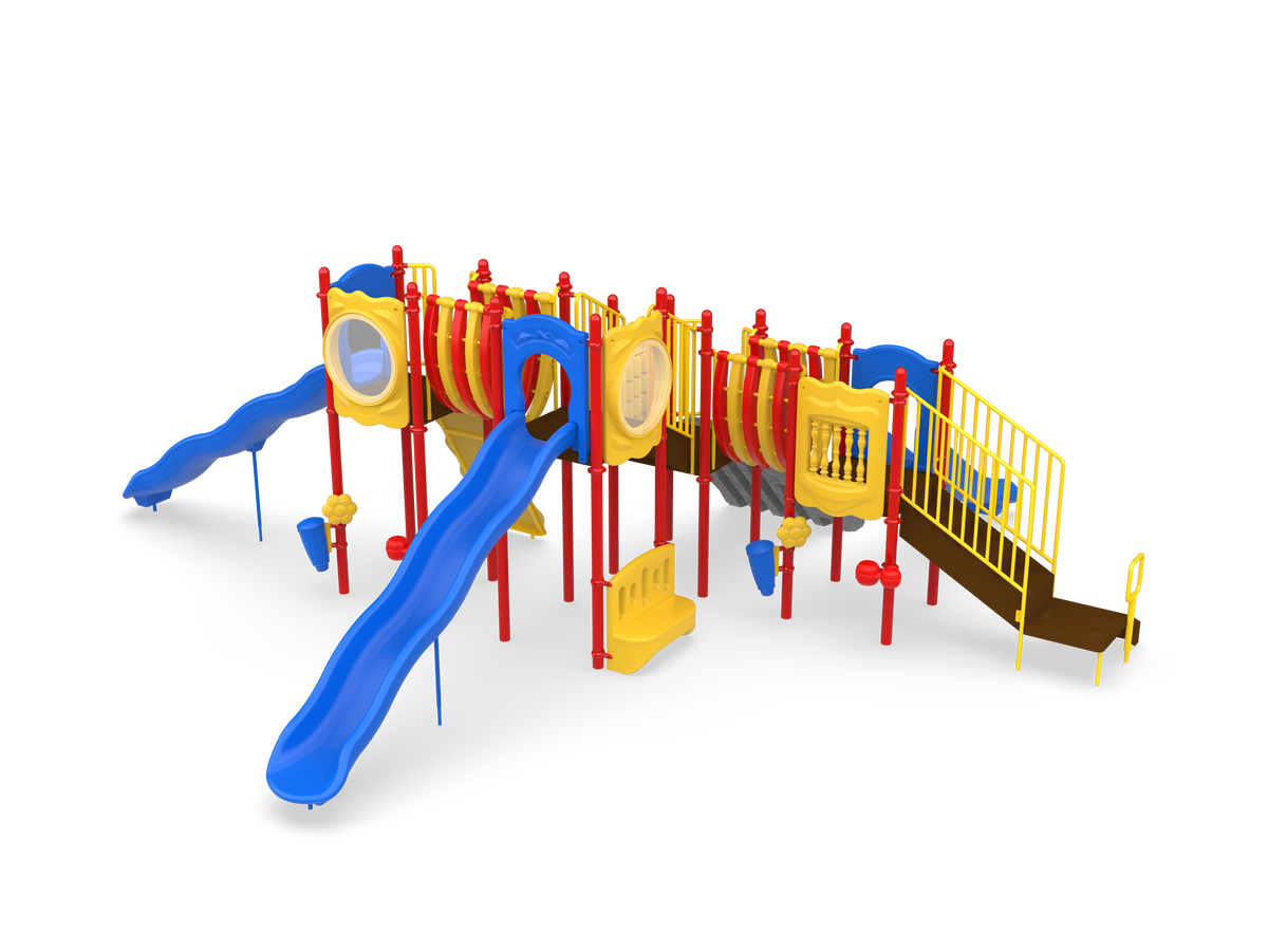 UltraPlay Big Sky four-deck commercial playground structure - Playful color scheme, full view