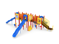 UltraPlay Big Sky four-deck commercial playground structure - Playful color scheme, full view