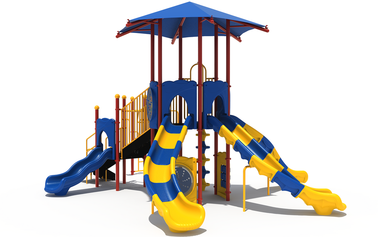 Playground Boss Whiz Kid commercial playground structure in Primary color scheme - front view