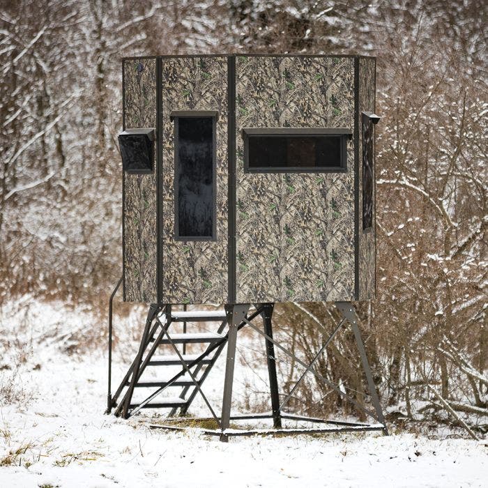 Texas Hunter 5x7 Wrangler Camo Hunting Blind with 4-Foot Tower and Stairs - Front View
