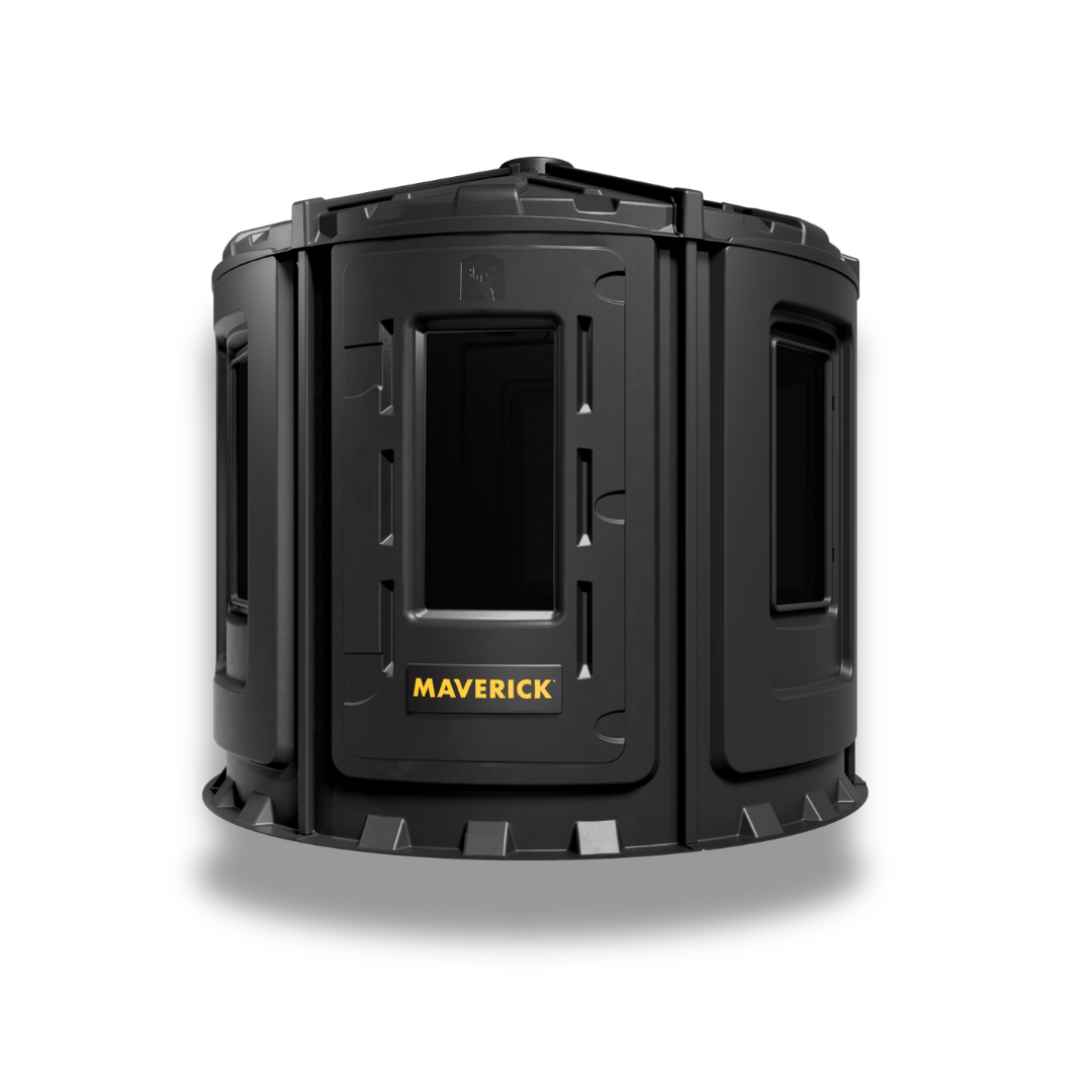 Maverick XL-V Hunting Blind front view - patent-pending 6-panel design with six vertical windows