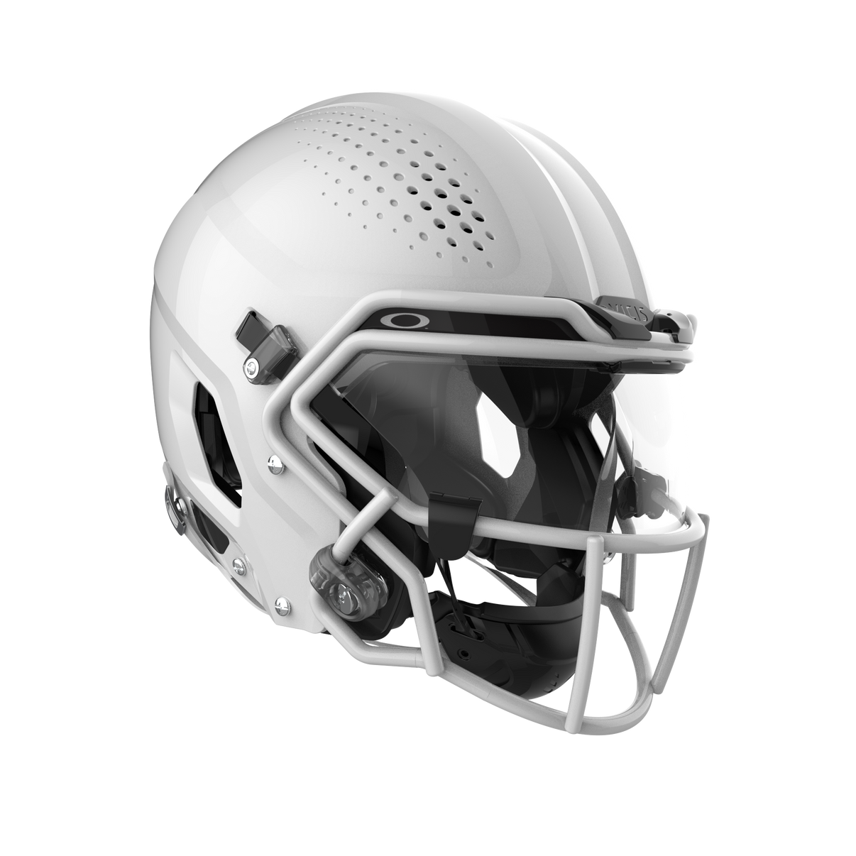VICIS ZERO2 QB Elite Helmet in Molded Gloss White with Titanium SO-212 Facemask and Clear Oakley Edge Visor - 3/4 view