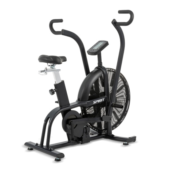 Spirit AB950 Air Bike - front three-quarter view showing 27-inch fan flywheel and dual-action handlebars