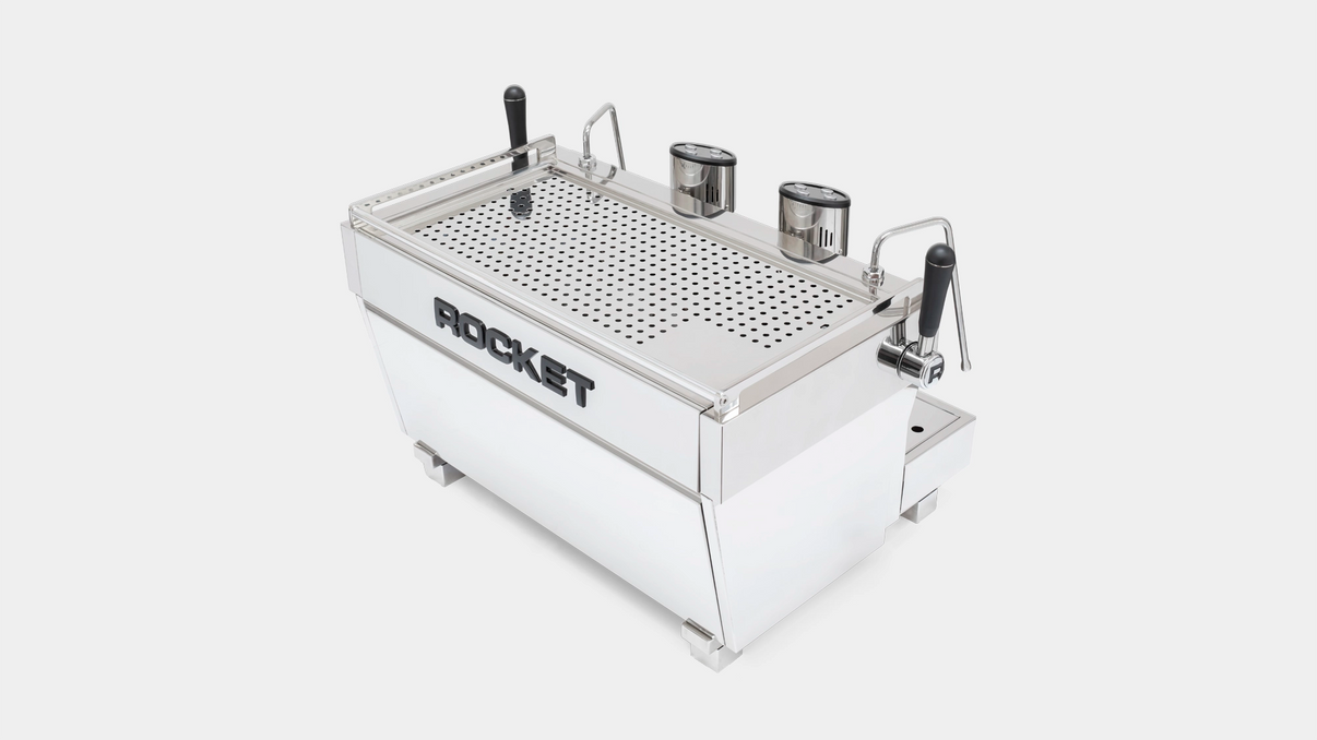 Rocket Espresso RE Doppia commercial espresso machine lifestyle shot on café bar
