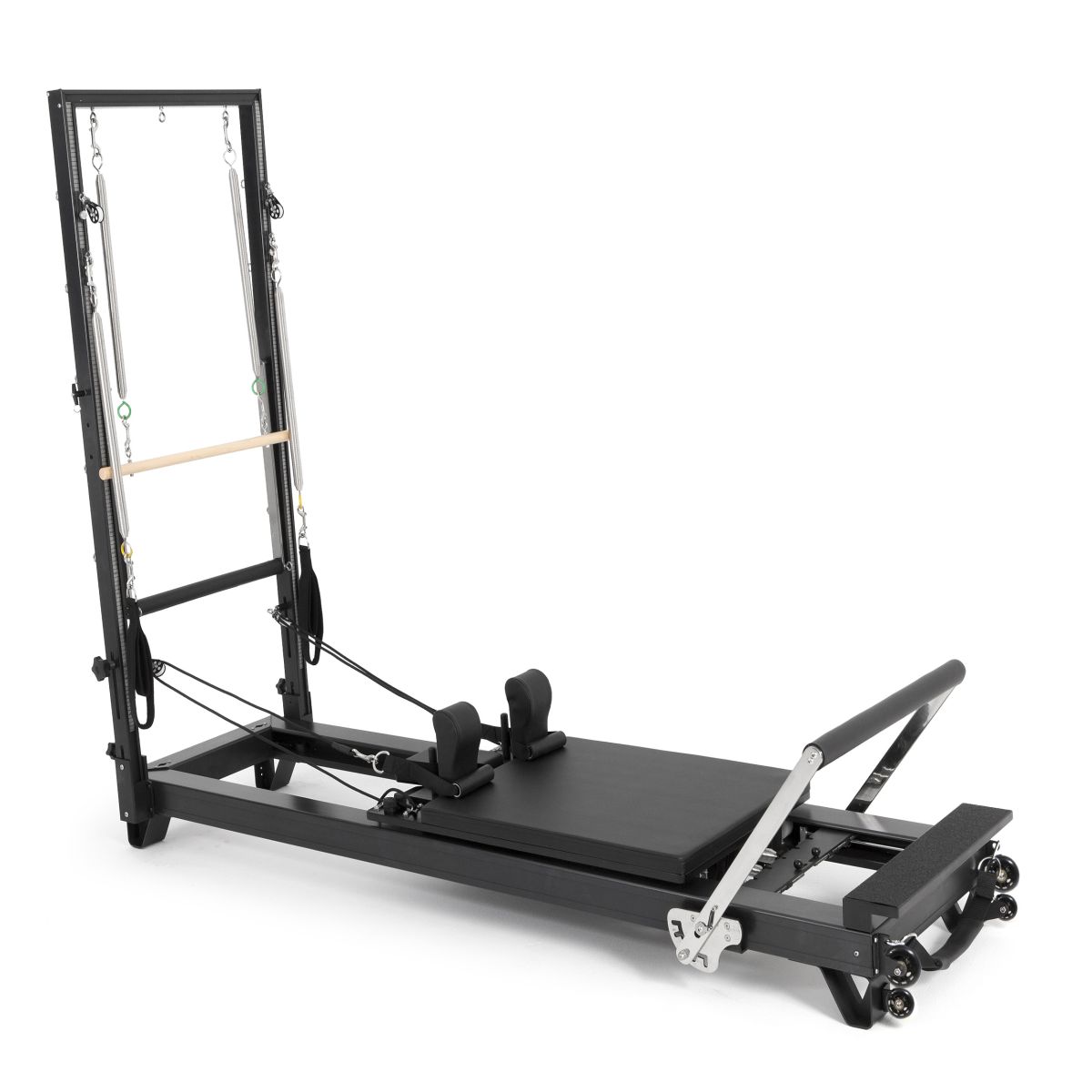 Elina Pilates Aluminum HL 2 Reformer with Tower - full view, black anodized aluminum frame with stainless steel tower