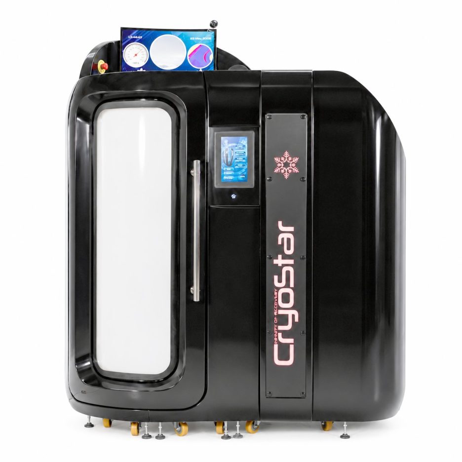 Antarctica Nitrogen cryotherapy chamber front view - black glossy exterior on wheels