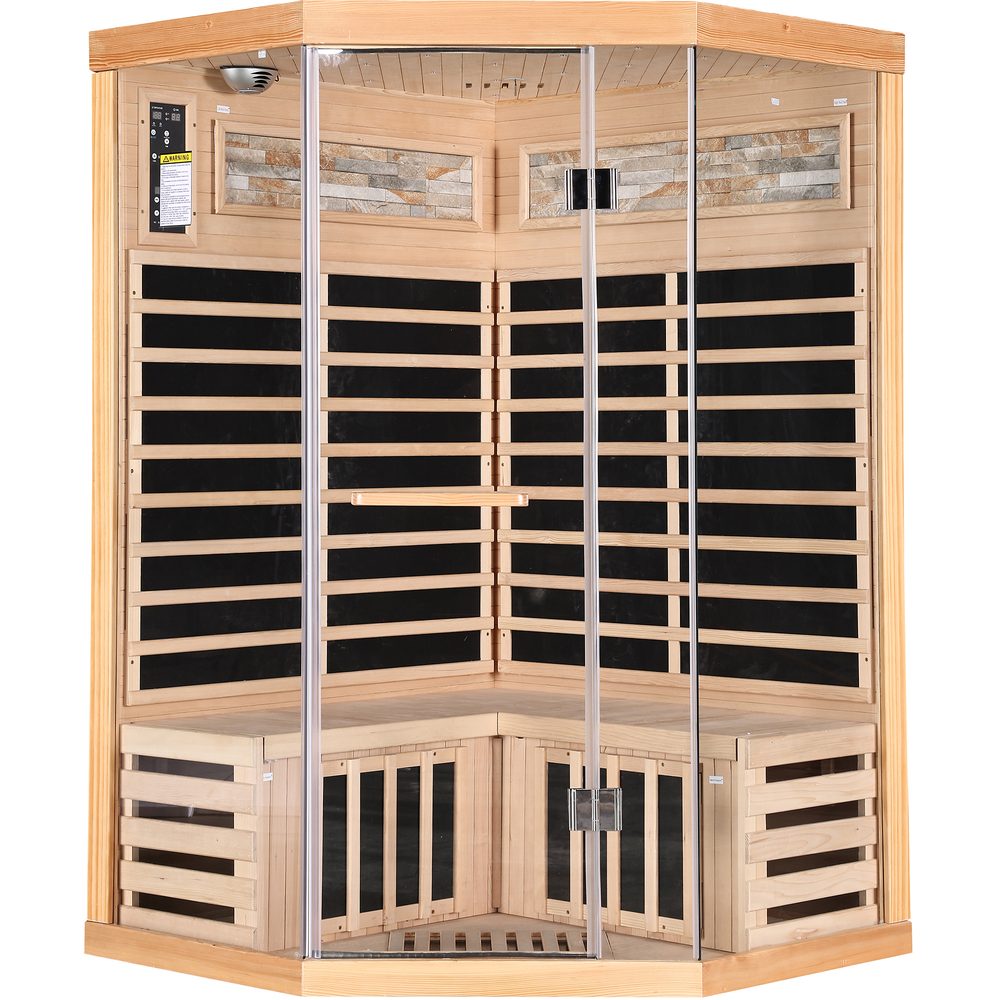 Two-person corner infrared sauna interior with starry sky ceiling and ambient lighting