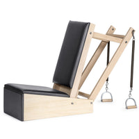Elina Pilates Baby Chair in black upholstery - front view, solid maple wood frame