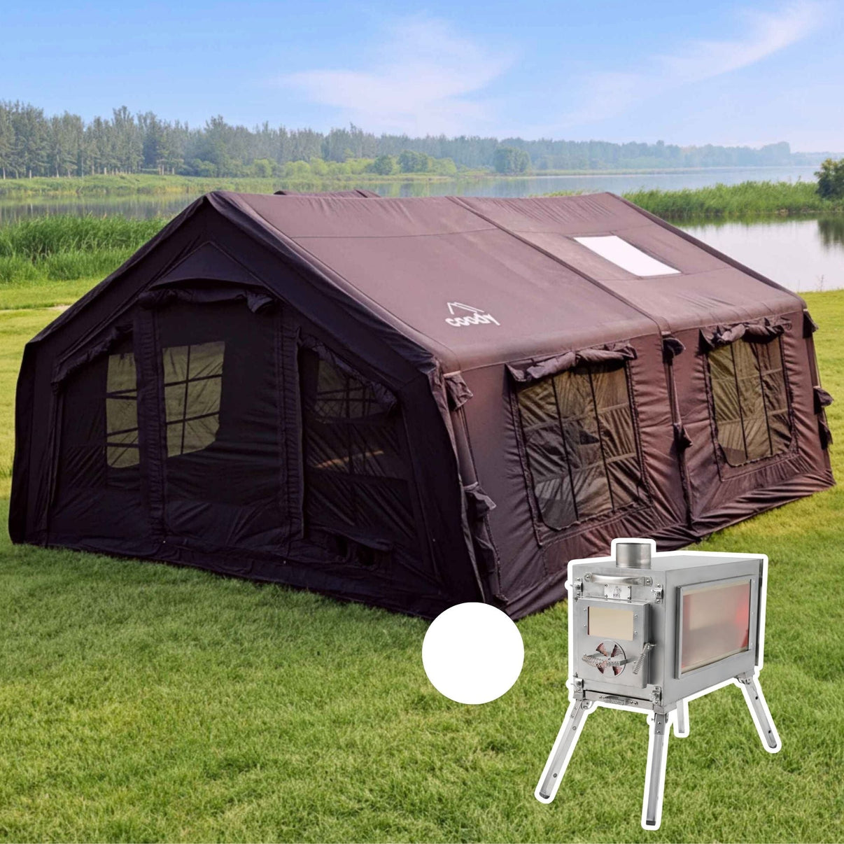 2 man inflatable tent Coody Familia AirTent 17.2 Black (2-10 Person) + RBM Wood Stove Caminus M