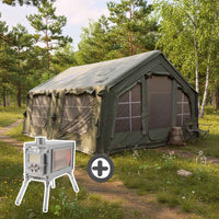 Coody Familia AirTent 13.6 Forest Green (2-10 Person) + RBM Wood Stove Caminus M