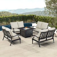 Black Aluminum Fire Table Set with Four Deep Seating Loveseats