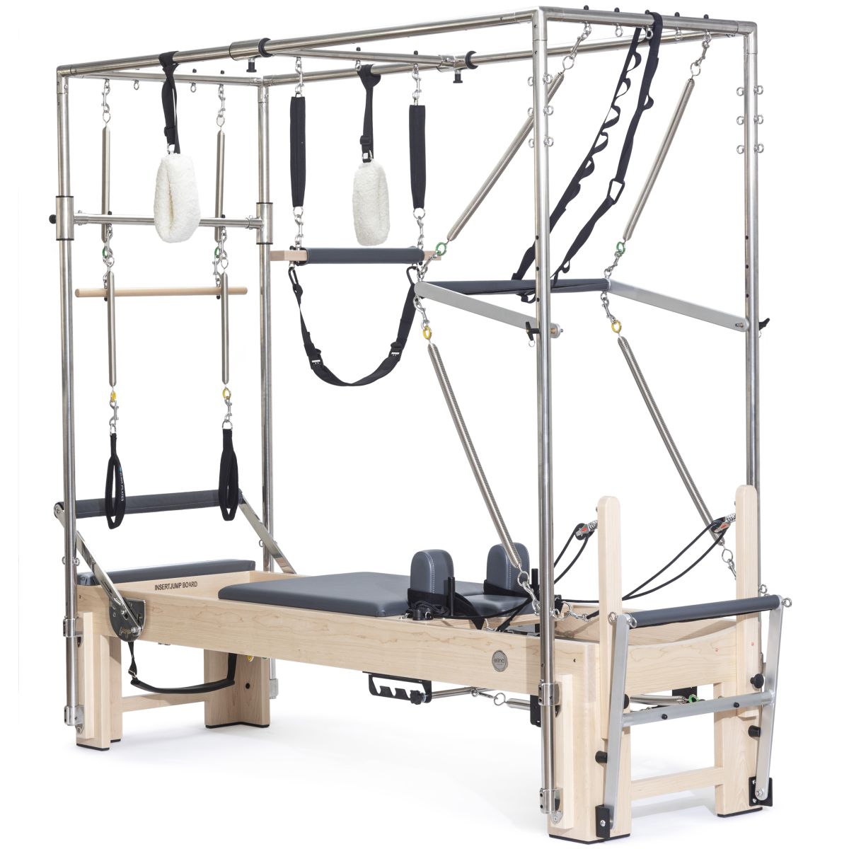 Elina Pilates Cadillac Reformer Elite - full view in grey upholstery with stainless steel tower