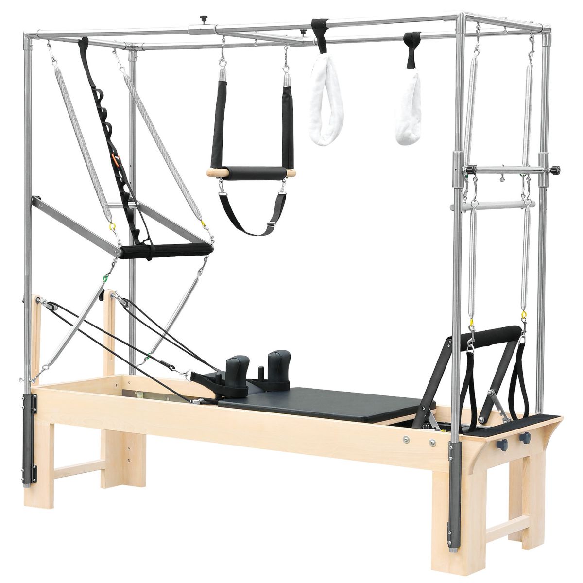 Elina Pilates Cadillac Wooden Reformer - full view, American rock maple frame with leather-upholstered bed and trapeze tower