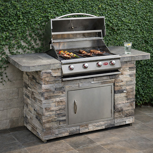 Cal Flame Kona Q 601 outdoor BBQ kitchen island - front view with stainless steel grill and countertop