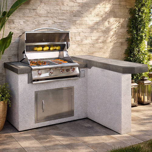 Cal Flame Maui Q BBQ Island and Grill - L-shaped outdoor kitchen with stainless steel grill