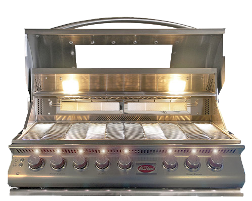 Cal Flame Top Gun 5-Burner Convection Built-In Grill - front view with hood open