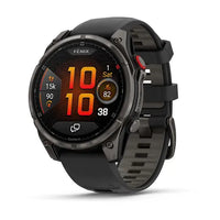 Garmin fēnix 8 Pro 47mm AMOLED Carbon Gray DLC Titanium with Black/Pebble Gray Silicone Band - front view