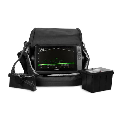 Garmin LiveScope Plus Ice Fishing Bundle front view with ECHOMAP UHD2 93sv and carrying case