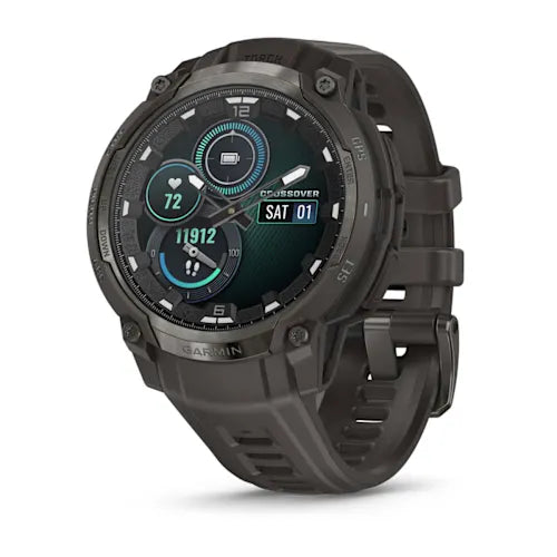 Garmin Instinct Crossover AMOLED smartwatch front view showing analog hands and AMOLED display
