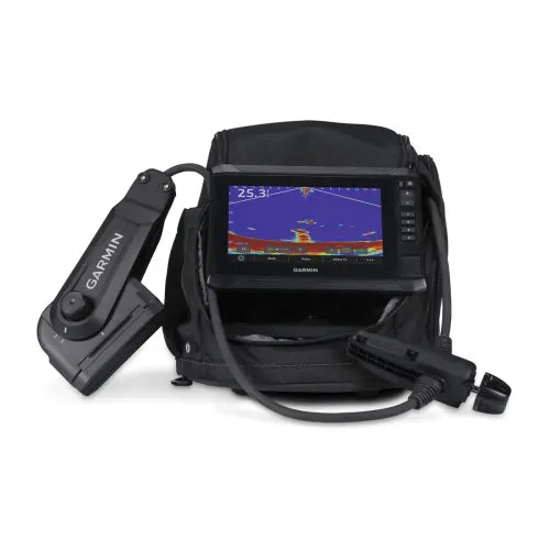 Garmin Panoptix PS22-IF Ice Fishing Bundle - front view with ECHOMAP UHD2 73sv chartplotter and carrying case