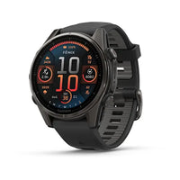 Garmin fēnix 8 AMOLED smartwatch front view - Carbon Gray DLC Titanium with Black Silicone Band