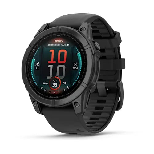 Garmin fēnix E 47mm AMOLED Smartwatch - Front View, Slate Gray Steel with Black Silicone Band