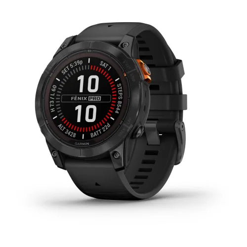 Garmin fēnix 7 Pro Solar Edition 47mm watch front view - Slate Gray with Black Band