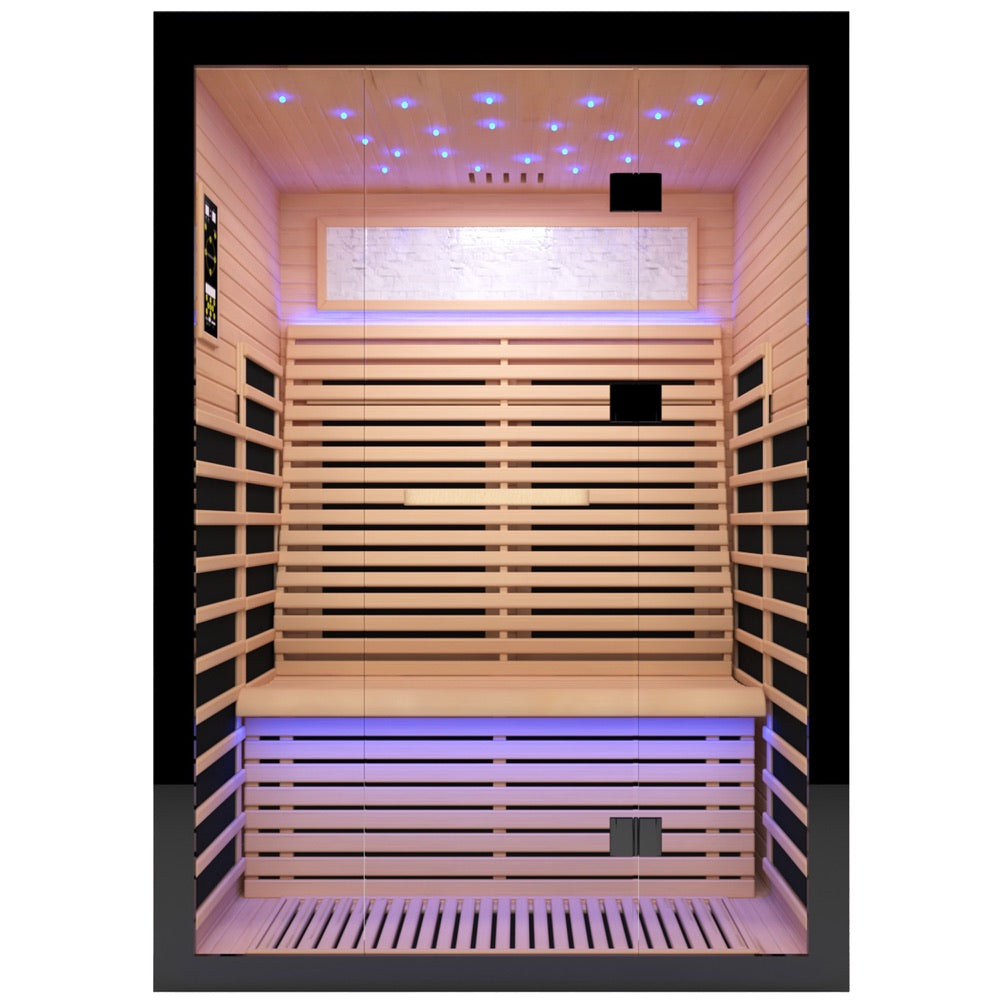 GoldenWave two-person hemlock far infrared sauna interior view