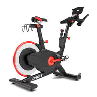 Spirit CIC850 Commercial Indoor Cycle - full view showing black frame, LCD console, and dual-use pedals