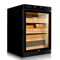 Raching MON800 Humidor Climate Control Cabinet - front view showing piano finish and Spanish cedar trays