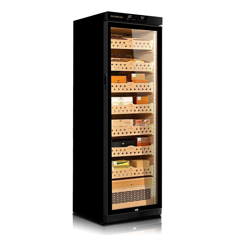 Raching MON3800 humidor cabinet detail view - double glass door and control panel