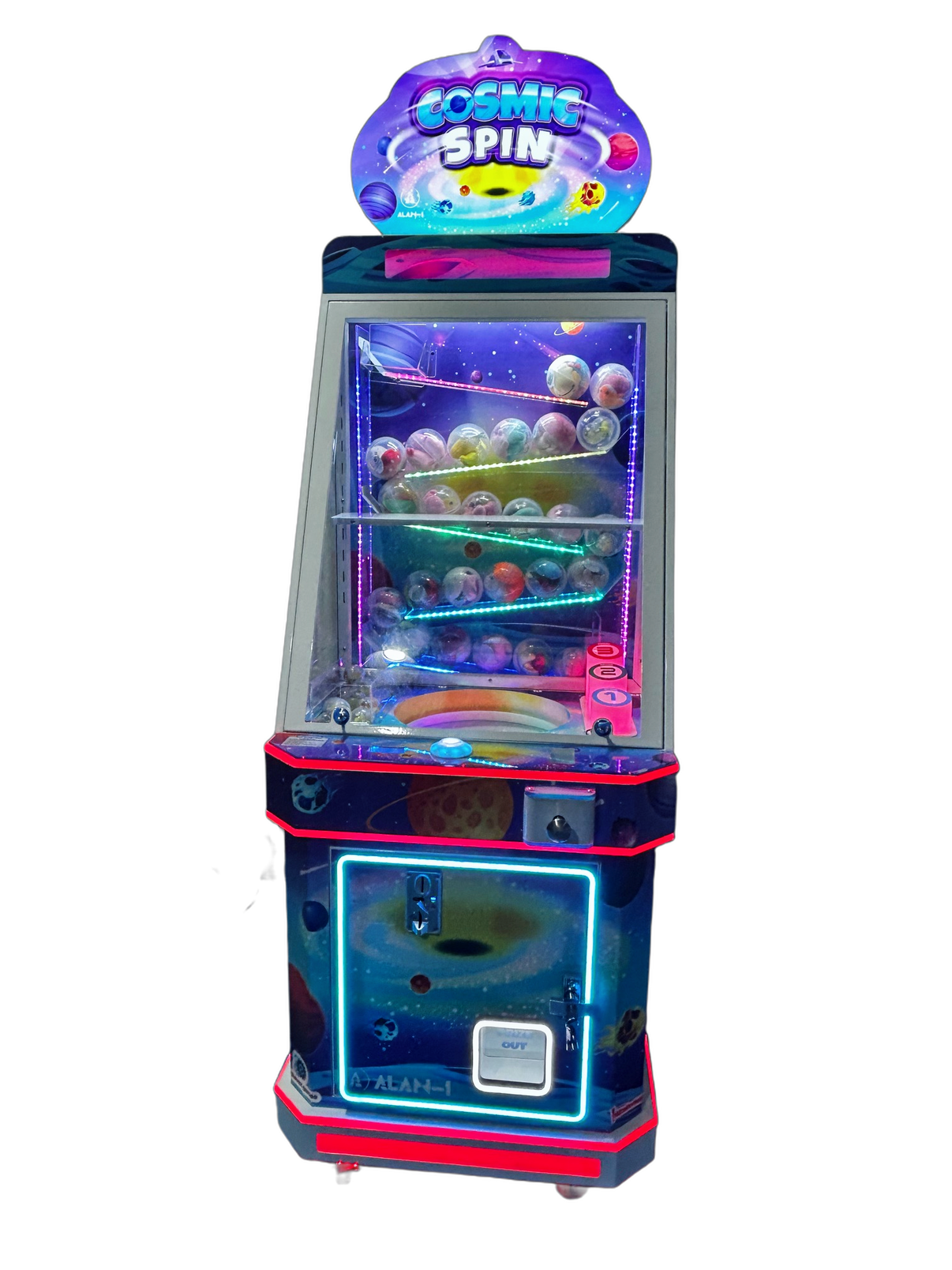 Cosmic Spin prize capsule merchandiser arcade game with color-changing LED backlit cabinet