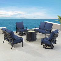 Black Aluminum Fire Table Set with Two Loveseats and Two Club Chairs