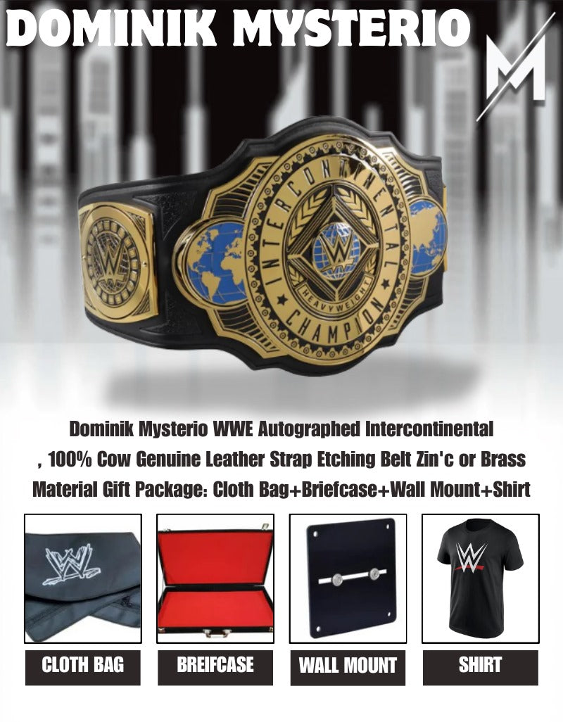 Dominik Mysterio WWE Autographed Intercontinental Championship Replica Title Belt - And New 4-20-25 Inscription, front view
