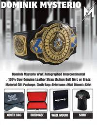 Dominik Mysterio WWE Autographed Intercontinental Championship Replica Title Belt - And New 4-20-25 Inscription, front view