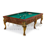 Modenese Luxury handmade American pool table with ornate six-leg design and classic walnut finishing