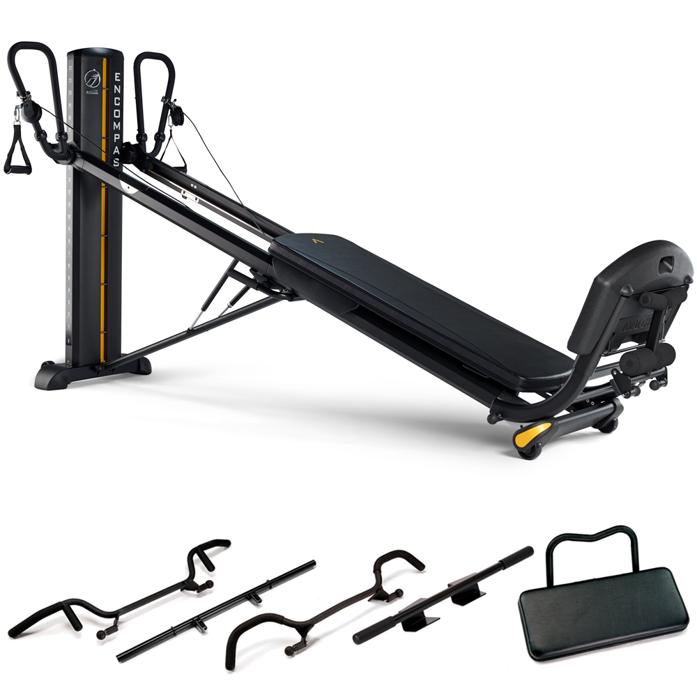 Total Gym ELEVATE Encompass Strength Package with Press Bar, Squat Handle Bar, Weight Bar, SCRUNCH Accessory, and 3Grip Pull-up Bar