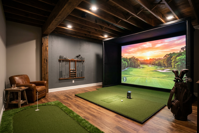 Cozy basement golf simulator room with wood beams, putting green strip, leather chair, and sunset course on screen