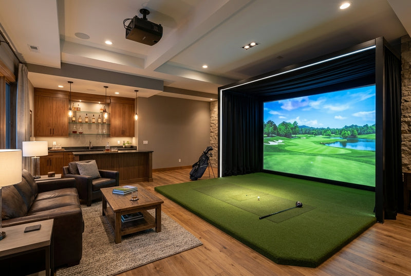 Luxury home golf simulator room with large projection screen, turf hitting area, leather seating, and bar