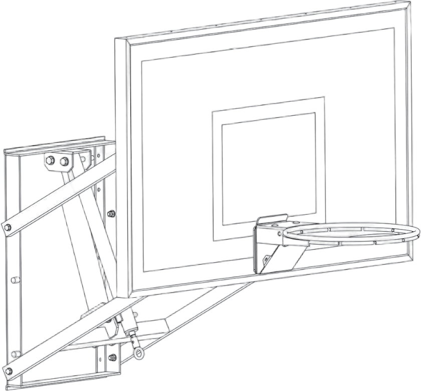 HyperJam wall mount basketball hoop assembly diagram showing backboard, rim, mounting bracket, and support arms