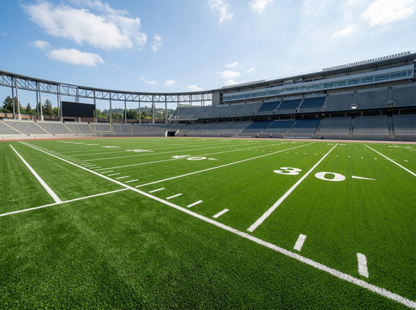 Low-angle view of outdoor athletic field with artificial turf and yard line markings