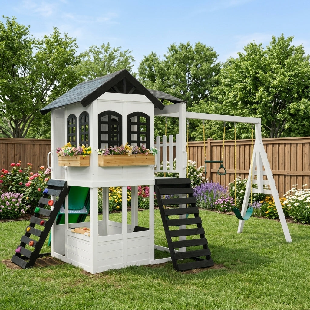 White cottage playhouse with swings installed in a backyard garden