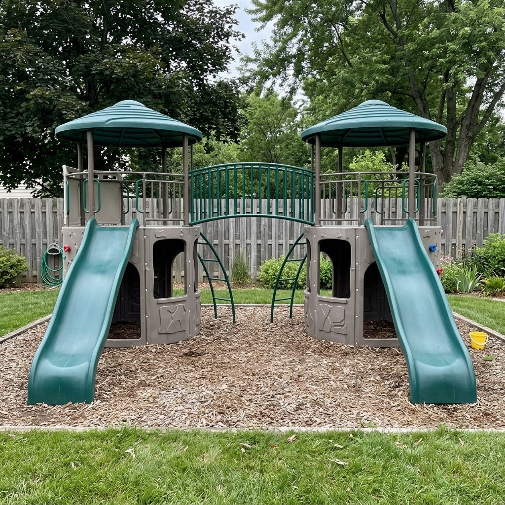 Dual-tower playground with bridge and slides installed in a backyard