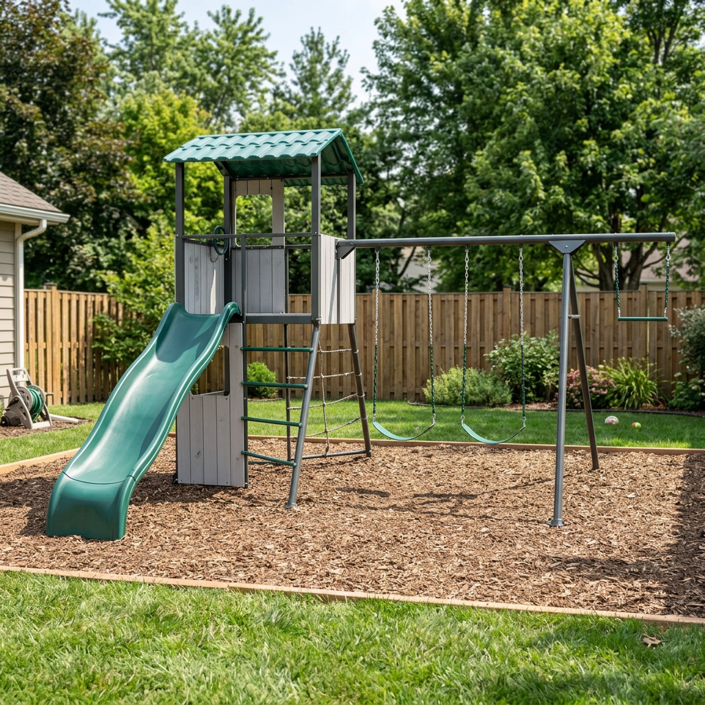 Green and gray backyard swing set play system installed outdoors