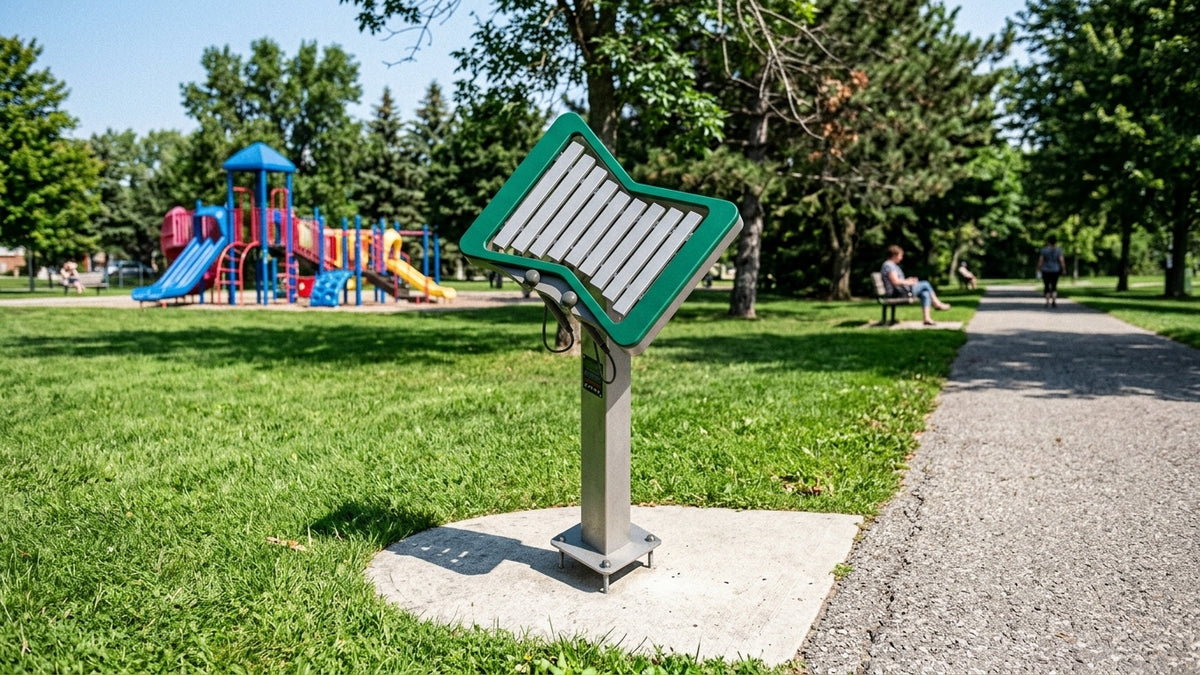 Outdoor musical instrument station installed in a park setting